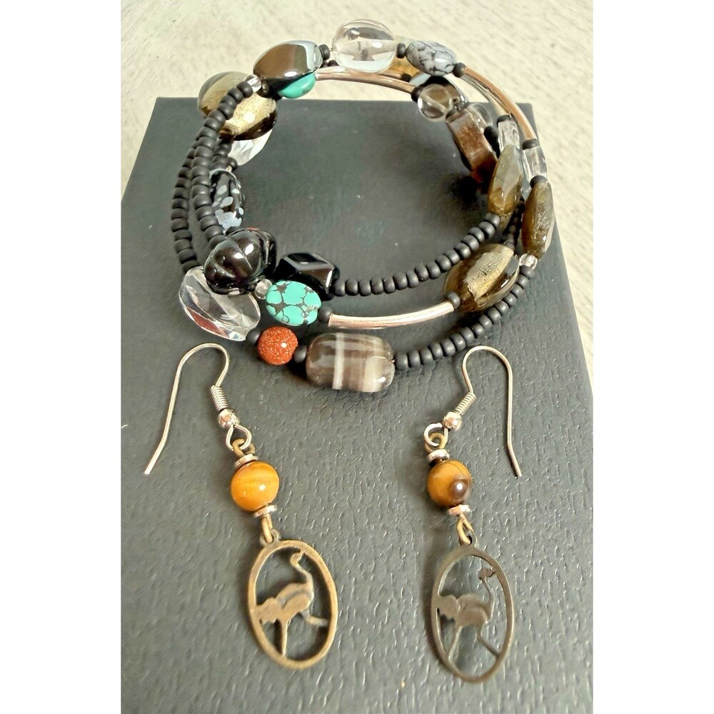 Silpada 925 Multi Stone Wrap Bracelet B2144 & Tiger's Eye Ostrich Earrings Set
